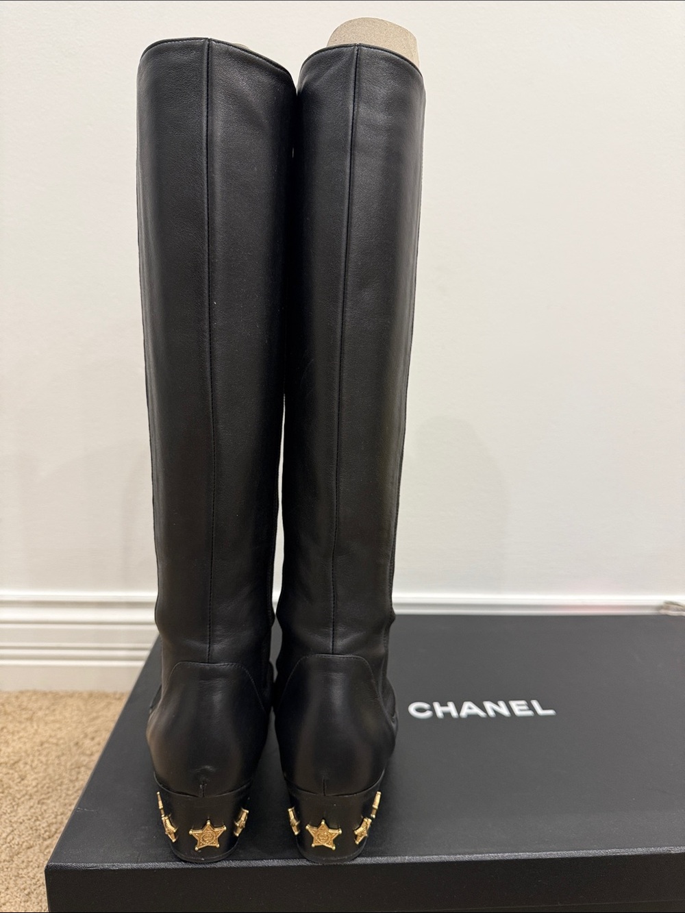Chanel Runway Black Leather Knee High Boots Gold CC Cap Toe Western Hardware 37 - Picture 4 of 13